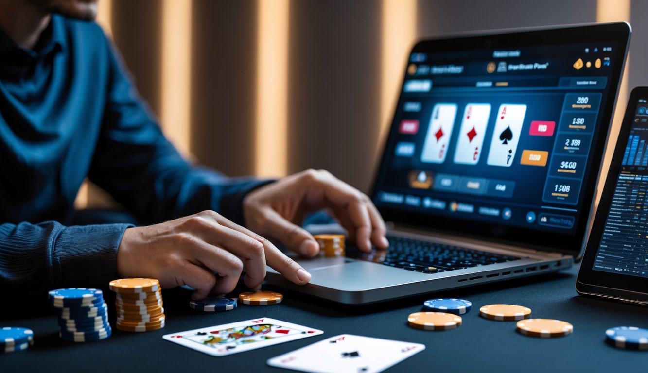 Seorang pemain poker sedang mengelola chip dan mencatat strategi di depan laptop dengan permainan poker online di layar.