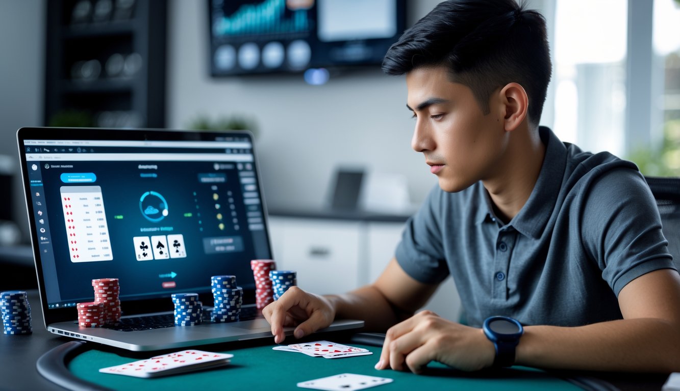 Seorang pemain poker sedang fokus mengelola chip dan mencatat saat bermain poker Short Deck Hold’em secara online di depan laptop.