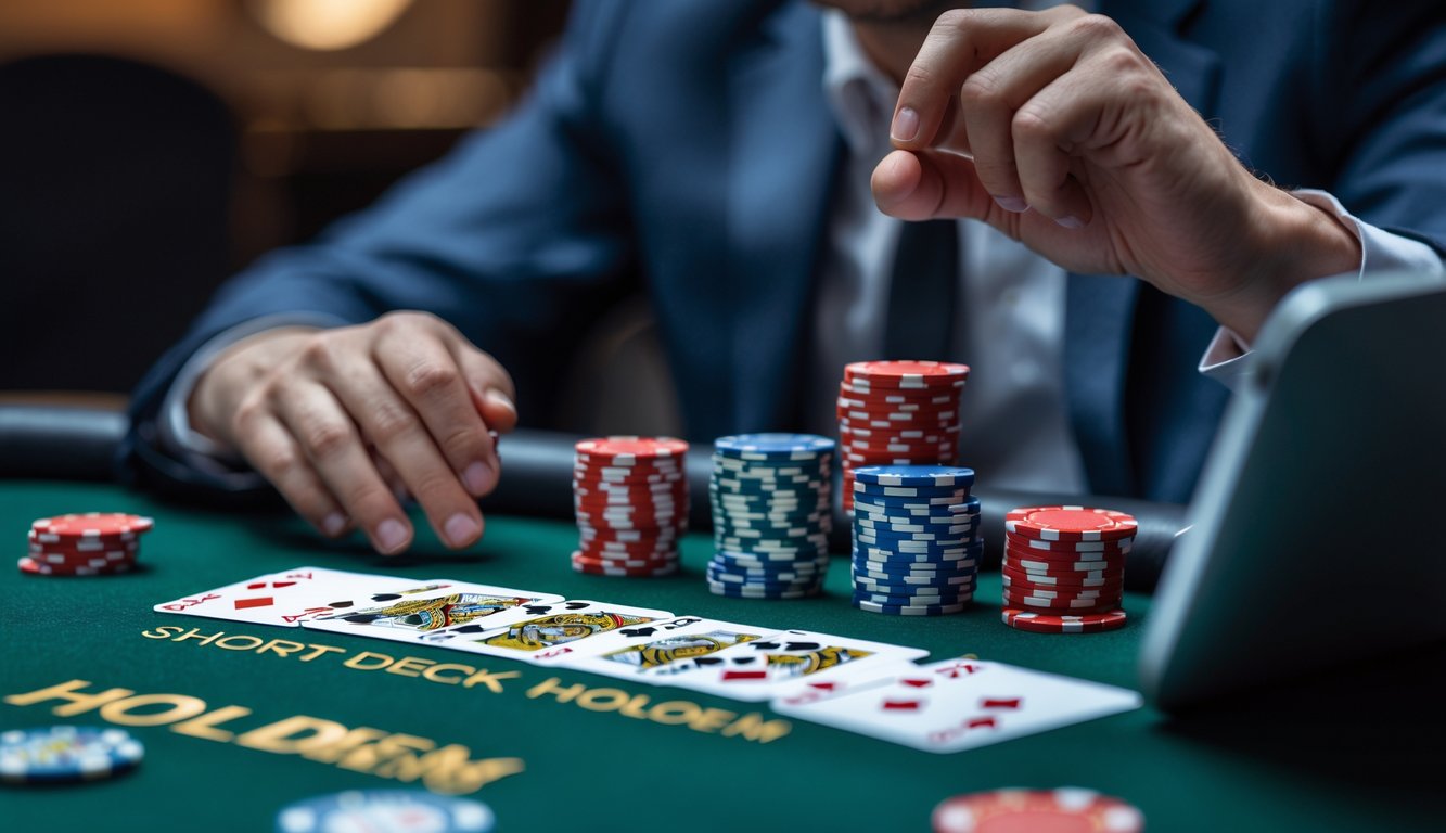 Seorang pemain poker sedang memperhatikan kartu di meja poker online dengan tampilan kartu dan chip digital di layar komputer.