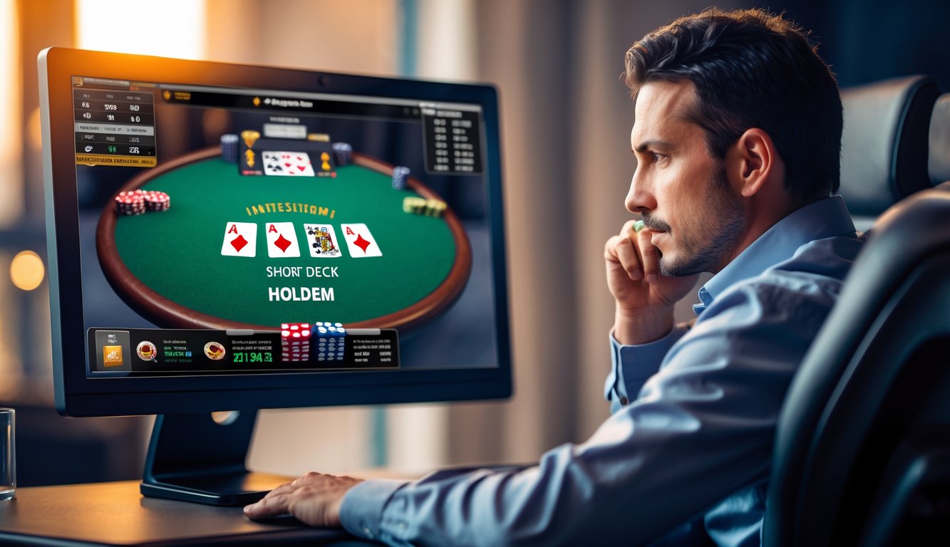 Seorang pemain poker sedang fokus melihat layar komputer dengan meja poker digital yang menampilkan kartu dan chip.
