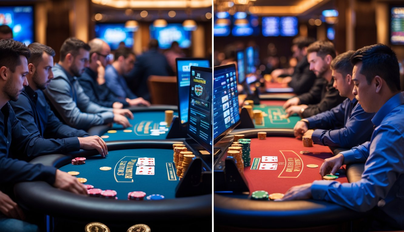Dua meja poker berdampingan, satu dengan dek kartu pendek dan satu dengan dek kartu standar, dengan pemain yang fokus bermain di lingkungan kasino.