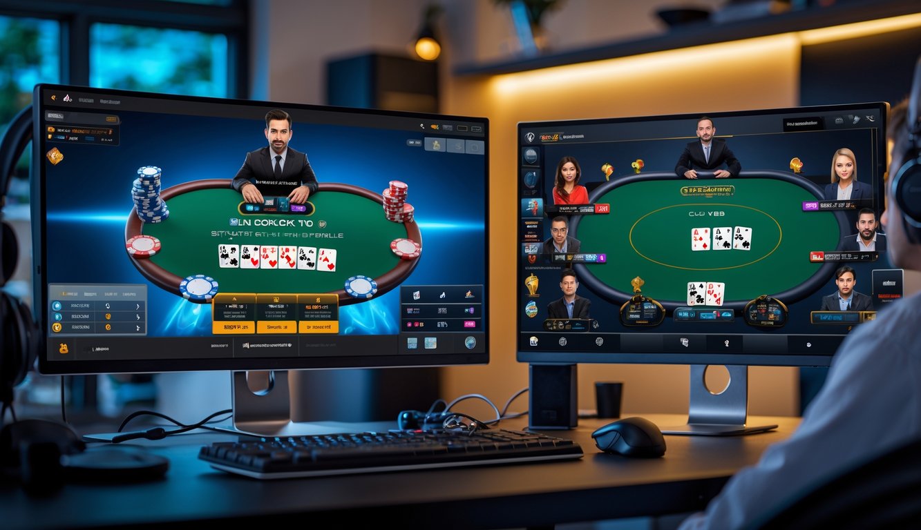 Dua meja poker virtual di layar komputer yang menunjukkan perbedaan antara permainan Poker Short Deck Hold’em dan Texas Hold’em biasa.