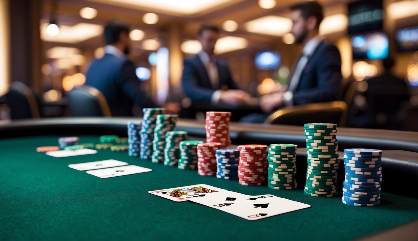 Meja poker dengan tumpukan chip dan kartu yang rapi di kasino dengan suasana hangat dan pemain di latar belakang.