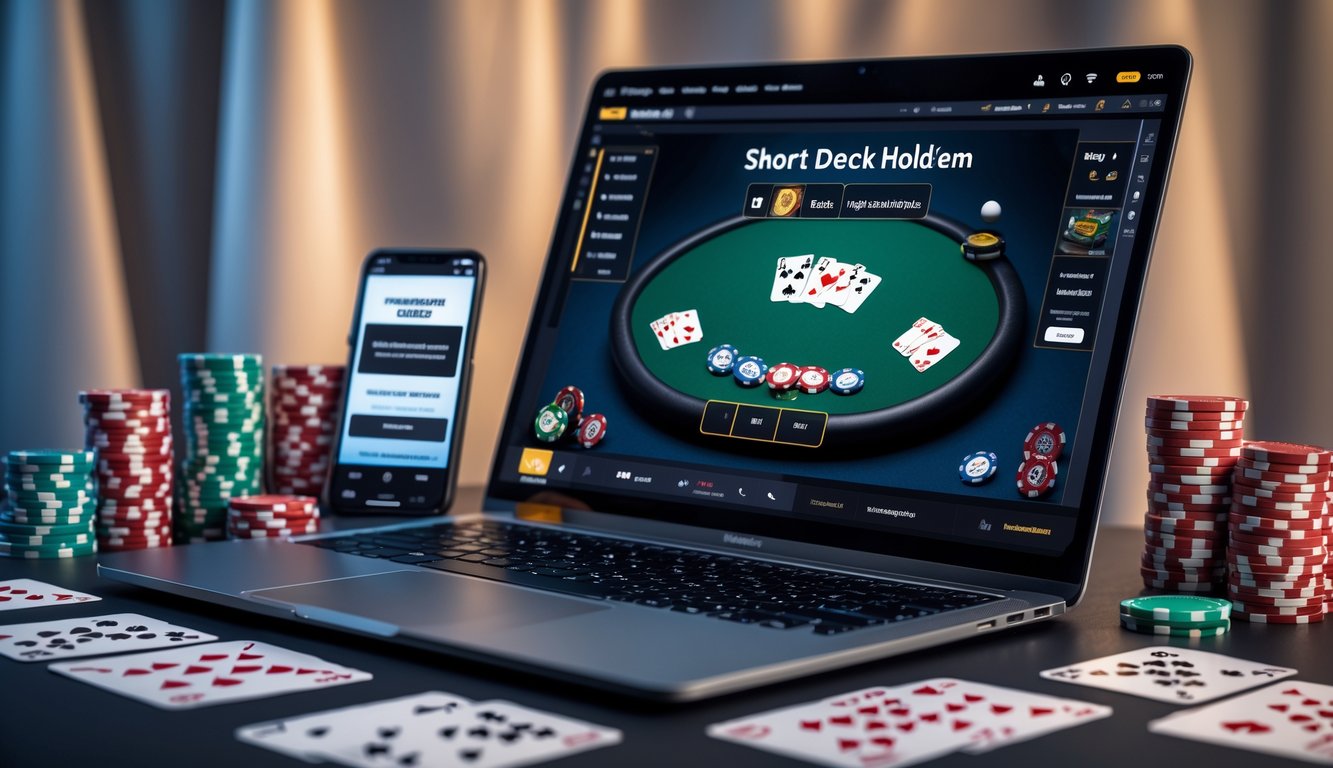 Sebuah laptop dan smartphone dengan tampilan permainan poker Short Deck Hold’em, dikelilingi oleh tumpukan chip dan kartu remi di atas meja.