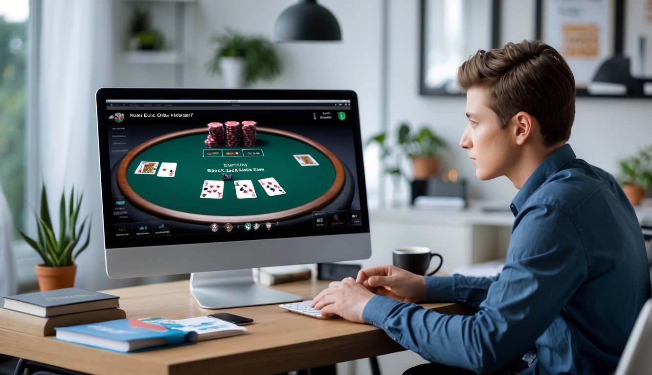 Seorang pemain muda duduk di depan komputer dengan layar menampilkan permainan poker Short Deck Hold’em, di ruang kerja yang rapi dan terang.