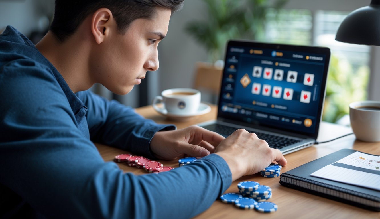 Seorang dewasa muda fokus bermain poker Short Deck Hold’em online di depan laptop di ruang kerja modern dengan kartu dan chip poker di meja.