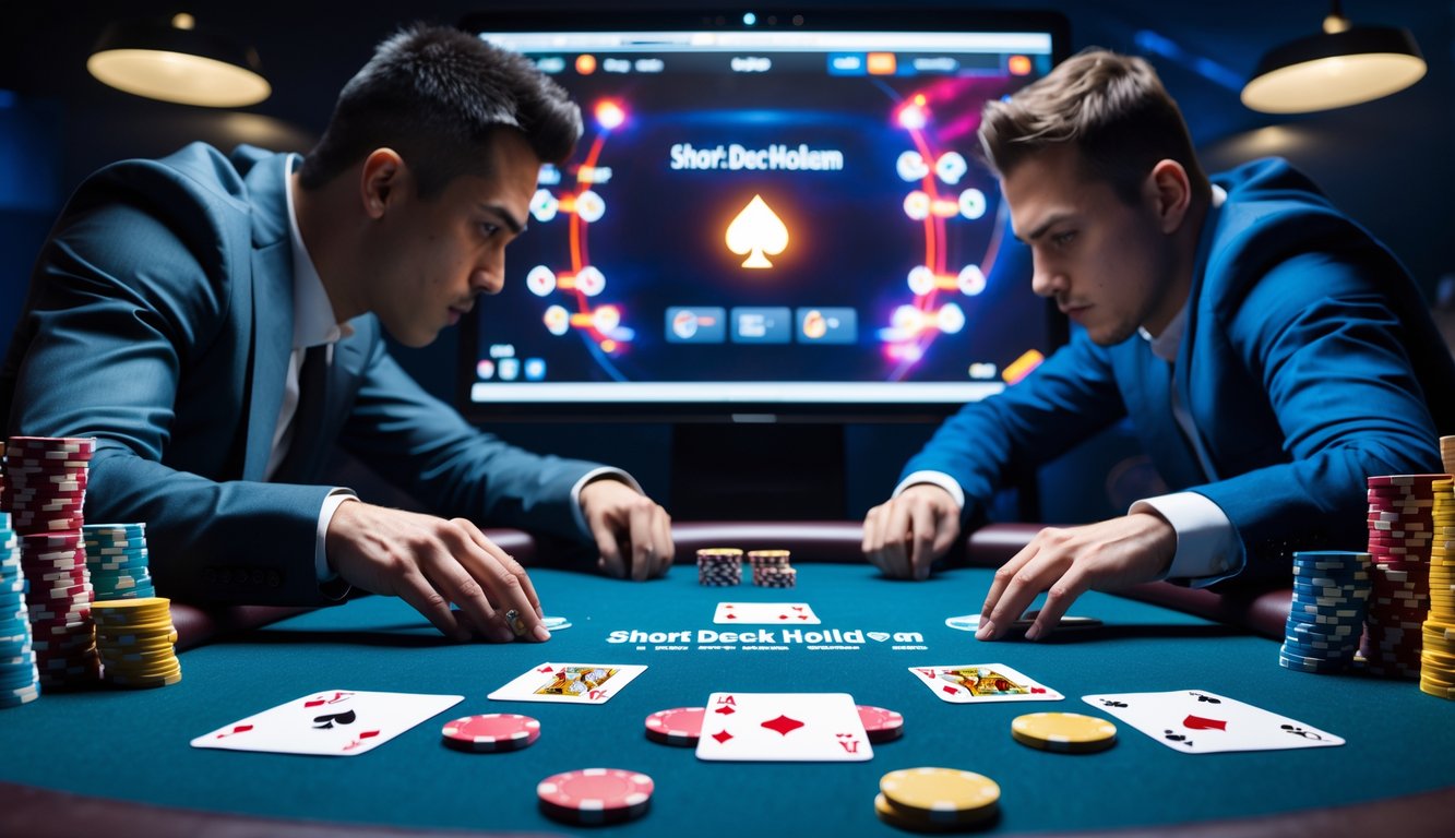 Dua pemain poker online duduk di meja poker, satu terlihat agresif menaruh chip, yang lain pasif memperhatikan kartu dengan tenang.