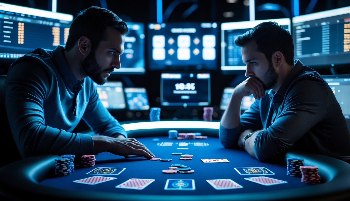 Dua pemain poker online duduk di meja dengan kartu dan chip, satu terlihat agresif dan satu lagi pasif, dengan layar komputer di latar belakang.