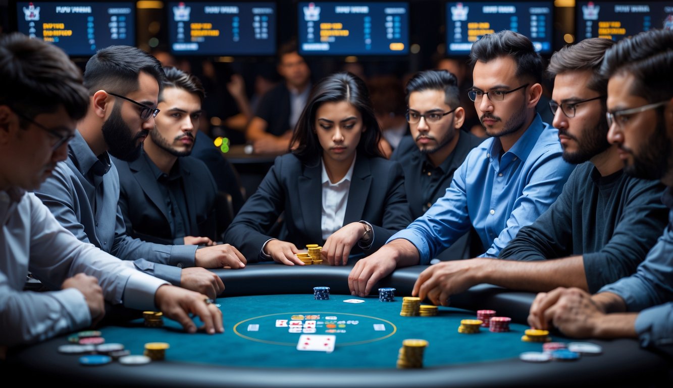 Beberapa pemain serius sedang bermain turnamen poker online dengan meja poker, chip, dan layar komputer di latar belakang.