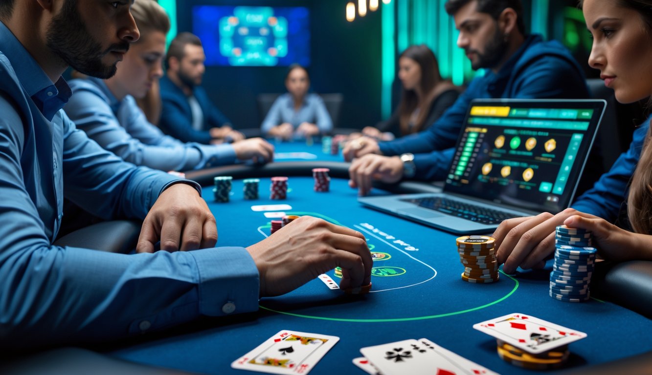 Beberapa pemain poker sedang bermain turnamen poker Short Deck Hold’em secara online di meja poker modern dengan kartu dan chip.