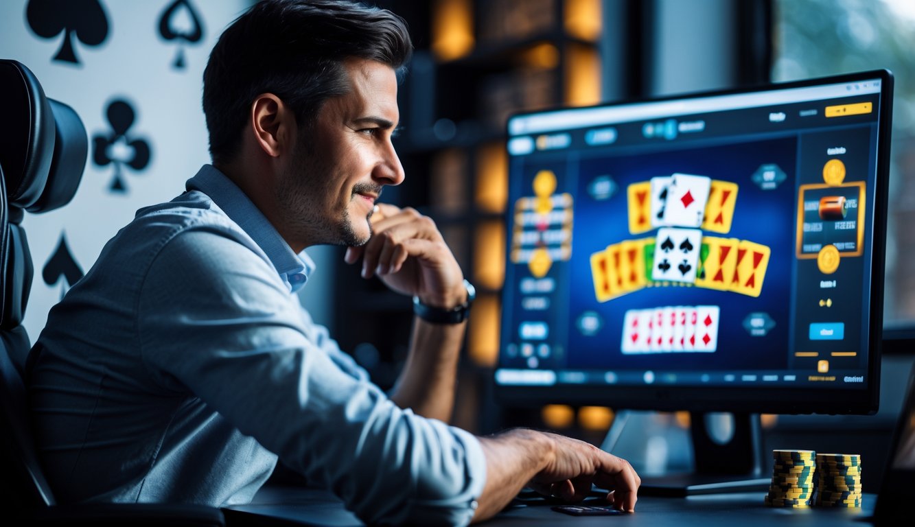 Seorang pemain poker duduk di depan komputer dengan meja poker digital di layar, terlihat fokus dan serius bermain poker online.