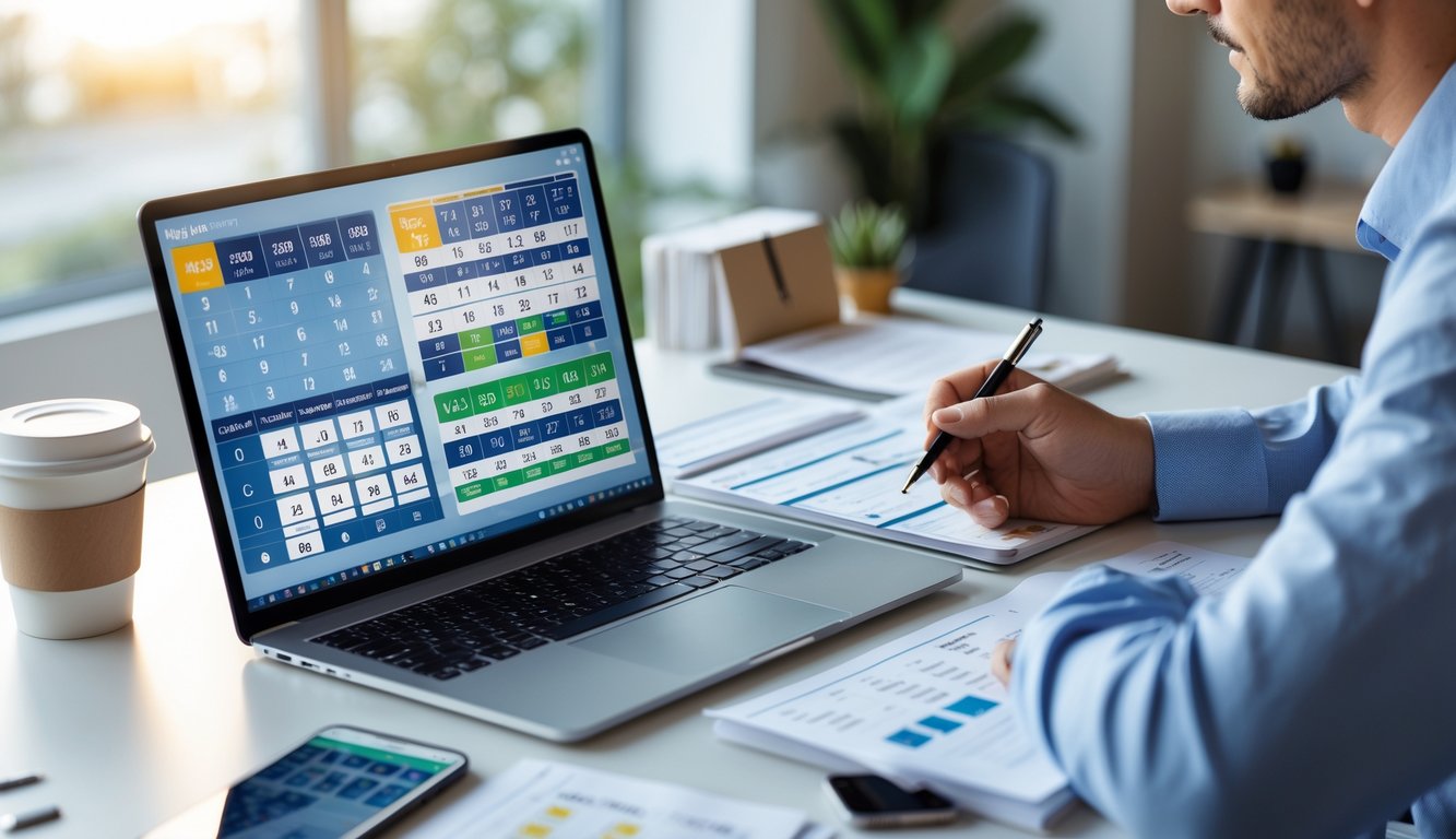 Seseorang sedang menganalisis data dan grafik di depan laptop di meja kerja yang rapi dengan perangkat elektronik dan catatan.
