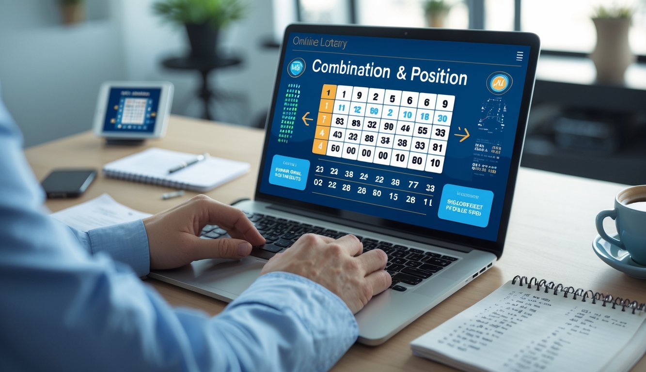 Seseorang sedang menganalisis angka togel di laptop dengan catatan dan ponsel di meja kerja yang rapi.