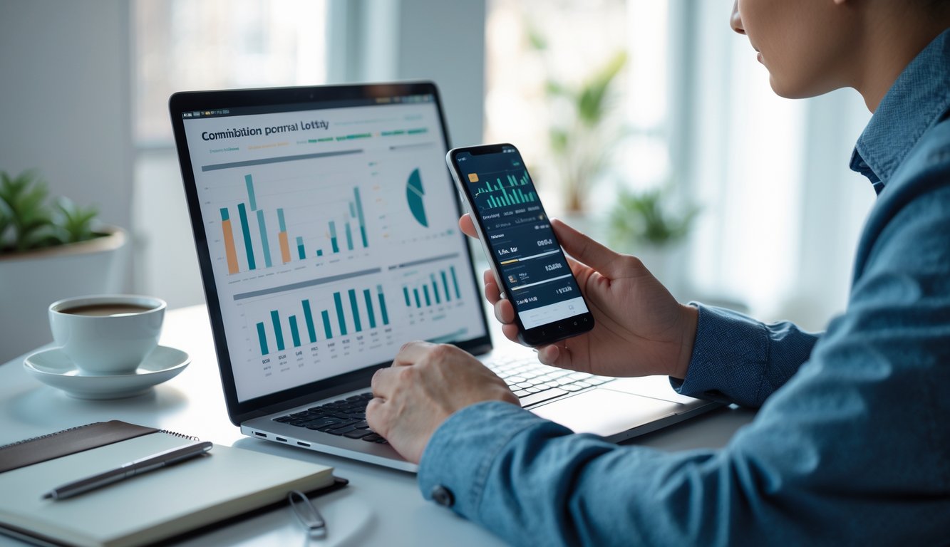 Seseorang sedang menggunakan laptop dan ponsel di meja kerja di rumah dengan suasana yang tenang dan teratur.