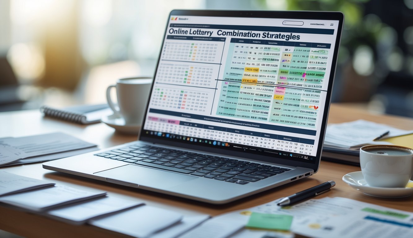 Meja kerja dengan laptop yang menampilkan grafik dan angka, dilengkapi catatan dan kopi, menggambarkan suasana perencanaan strategi togel online.