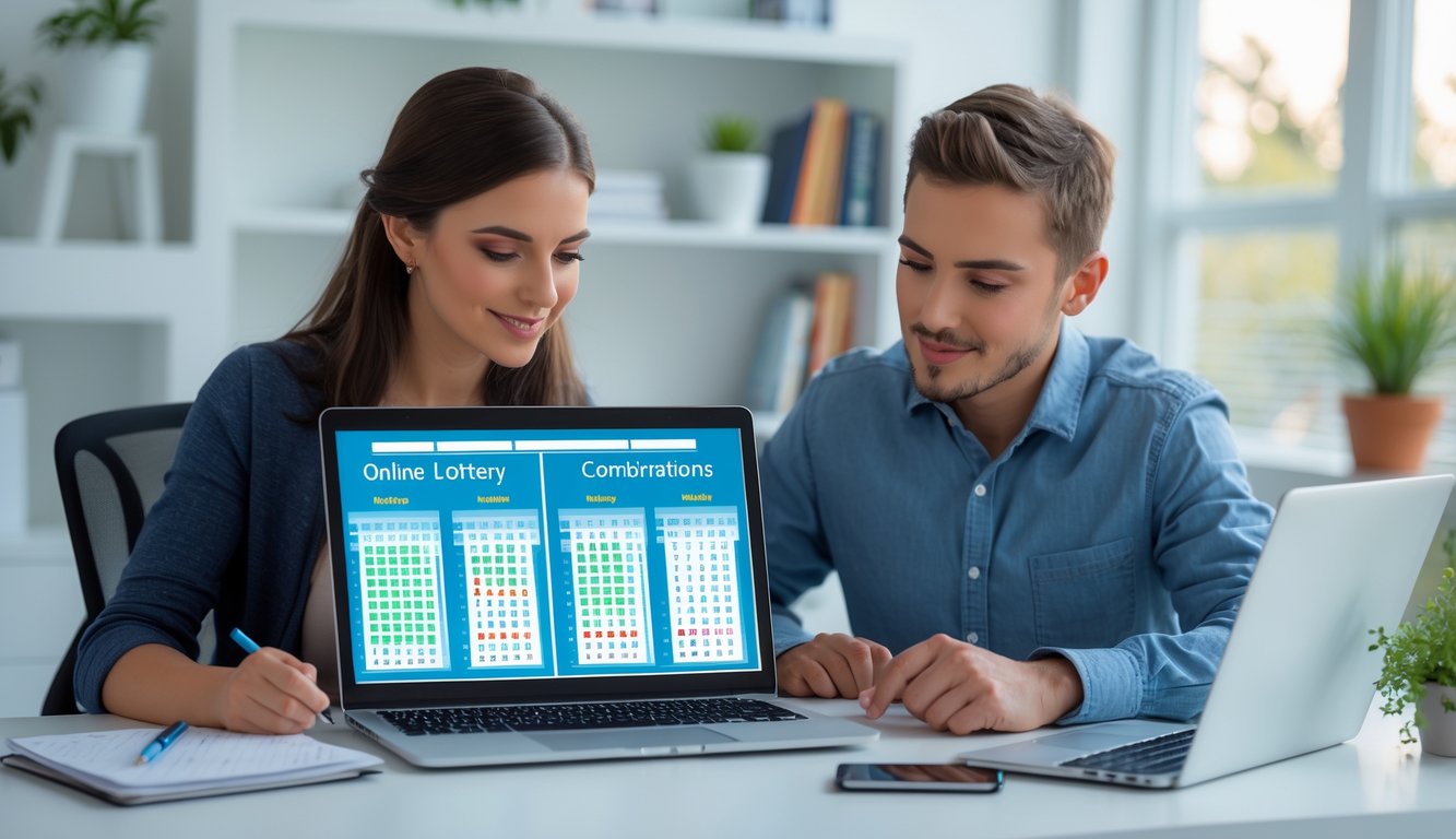 Seorang pria dan wanita muda duduk di meja kerja dengan laptop, fokus mempelajari kombinasi angka togel secara online.