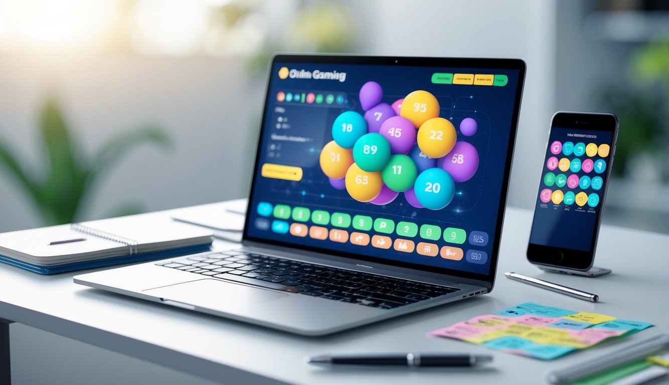 Meja kerja dengan laptop yang menampilkan antarmuka digital angka togel, dikelilingi catatan dan ponsel dengan aplikasi togel, dalam suasana yang tenang dan fokus.