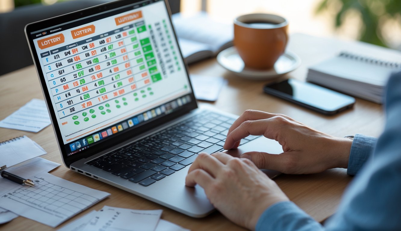 Seseorang bekerja dengan laptop dan smartphone di meja, menganalisis data terkait togel online.