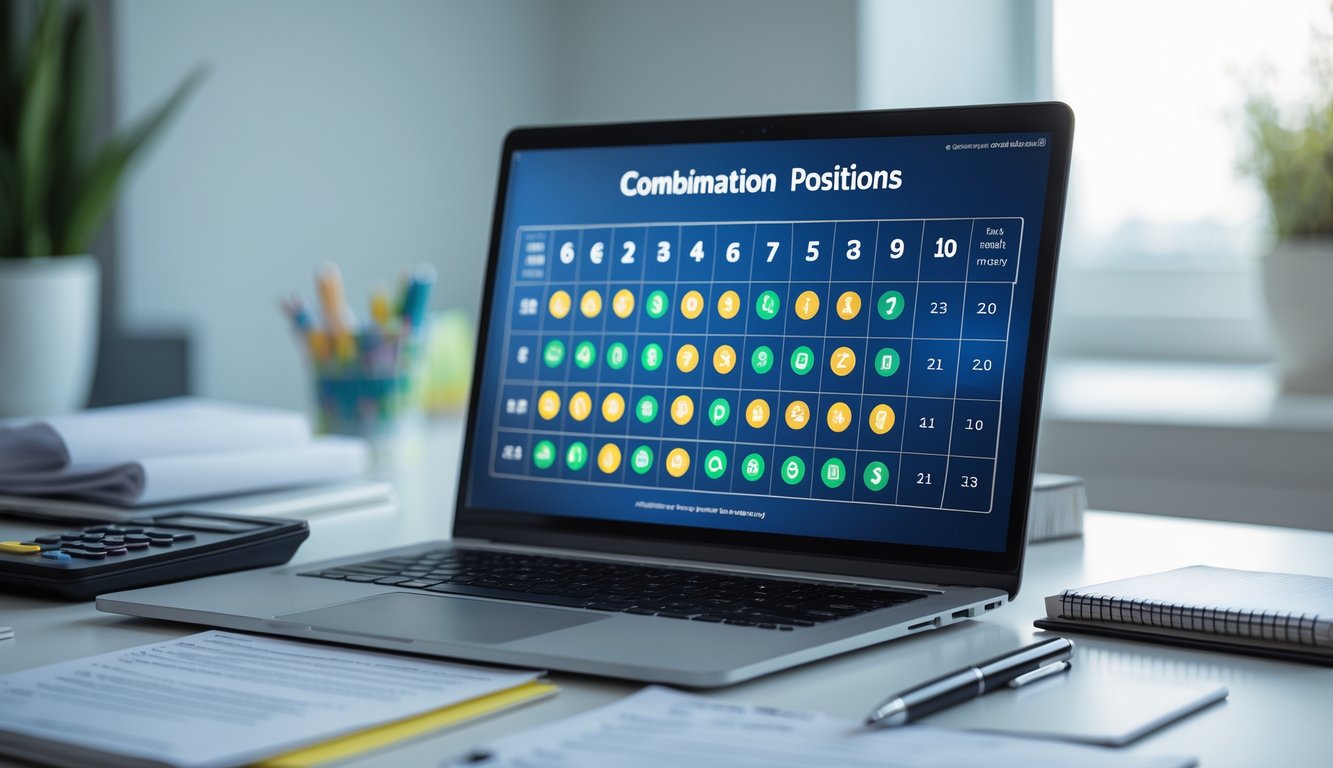 Seorang pria duduk di depan laptop dengan layar menampilkan angka dan grafik kombinasi togel, dikelilingi oleh catatan dan kalkulator di meja kerja.