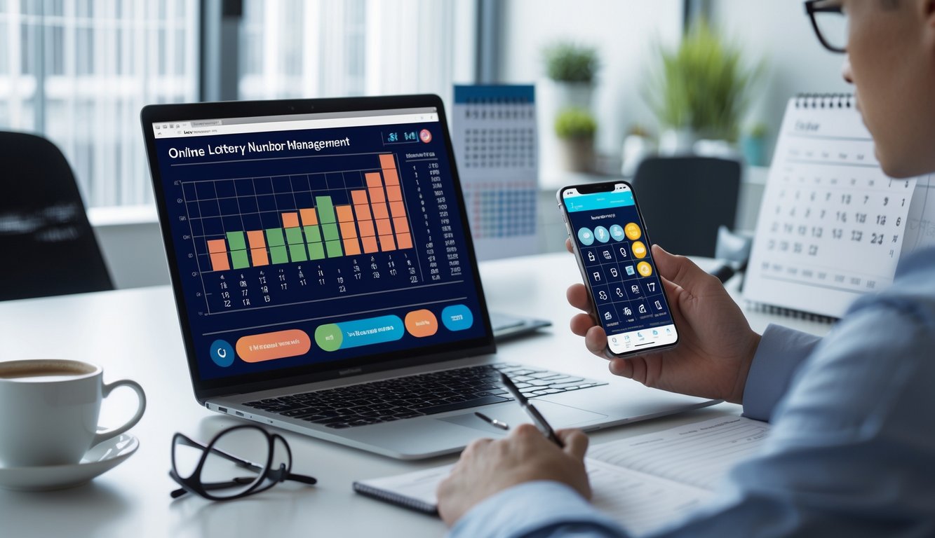 Seseorang sedang bekerja dengan laptop dan ponsel di meja kantor, menganalisis data angka togel secara online.