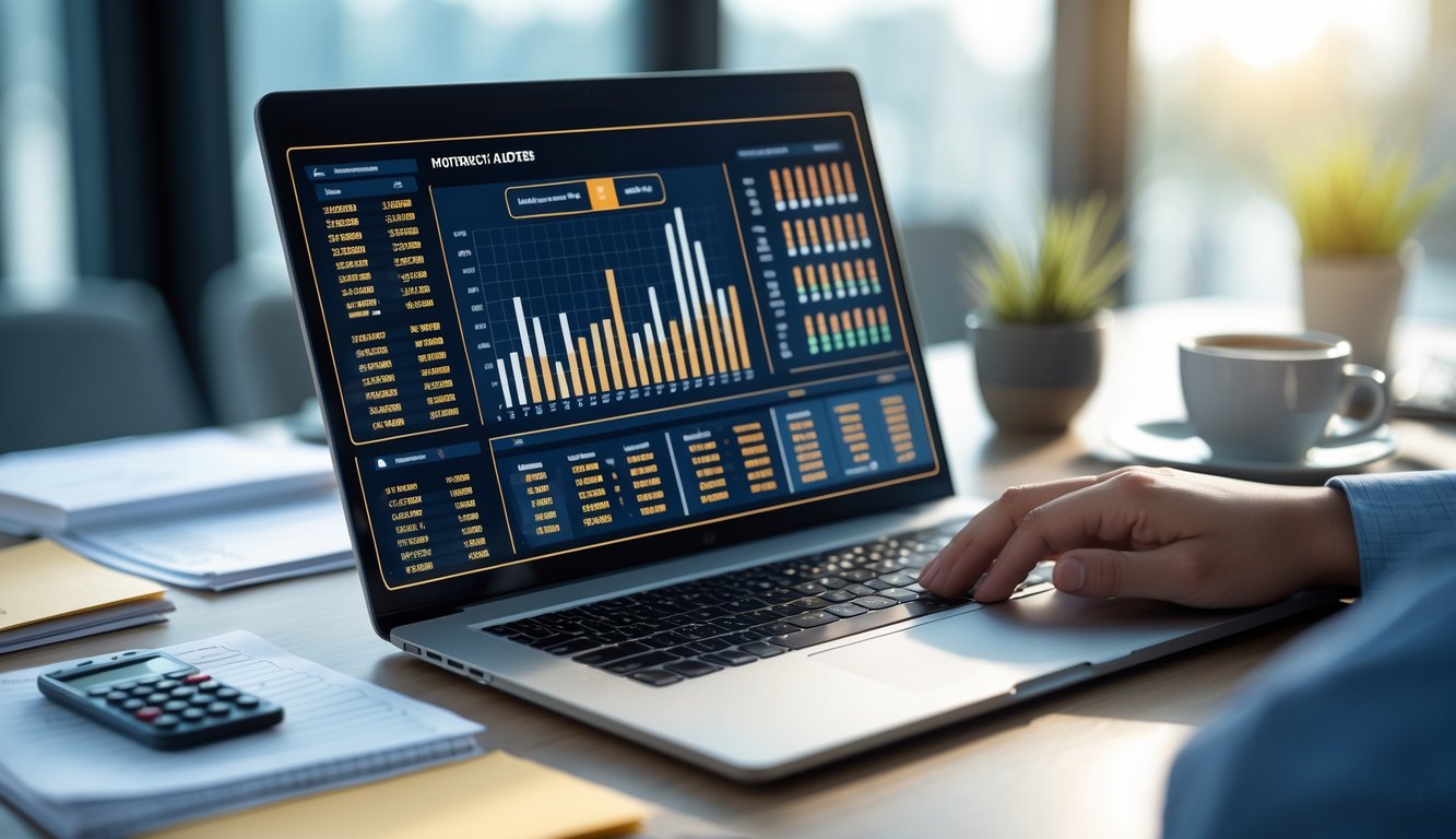 Meja kerja dengan laptop yang menampilkan data angka dan grafik, kalkulator, catatan, dan secangkir kopi di dekatnya.