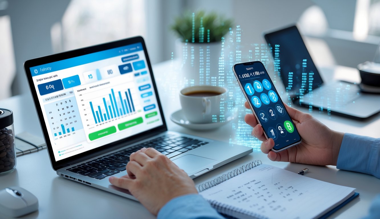 Meja kerja modern dengan laptop, smartphone, dan tangan seseorang yang sedang menggunakan perangkat untuk melihat data angka togel secara online.