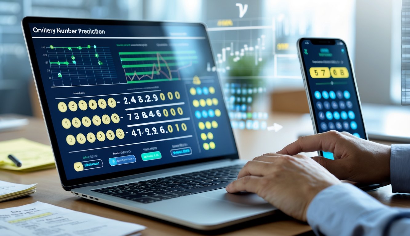 Sebuah ruang kerja modern dengan laptop yang menampilkan grafik dan kombinasi angka, serta tangan seseorang sedang menggunakan laptop.