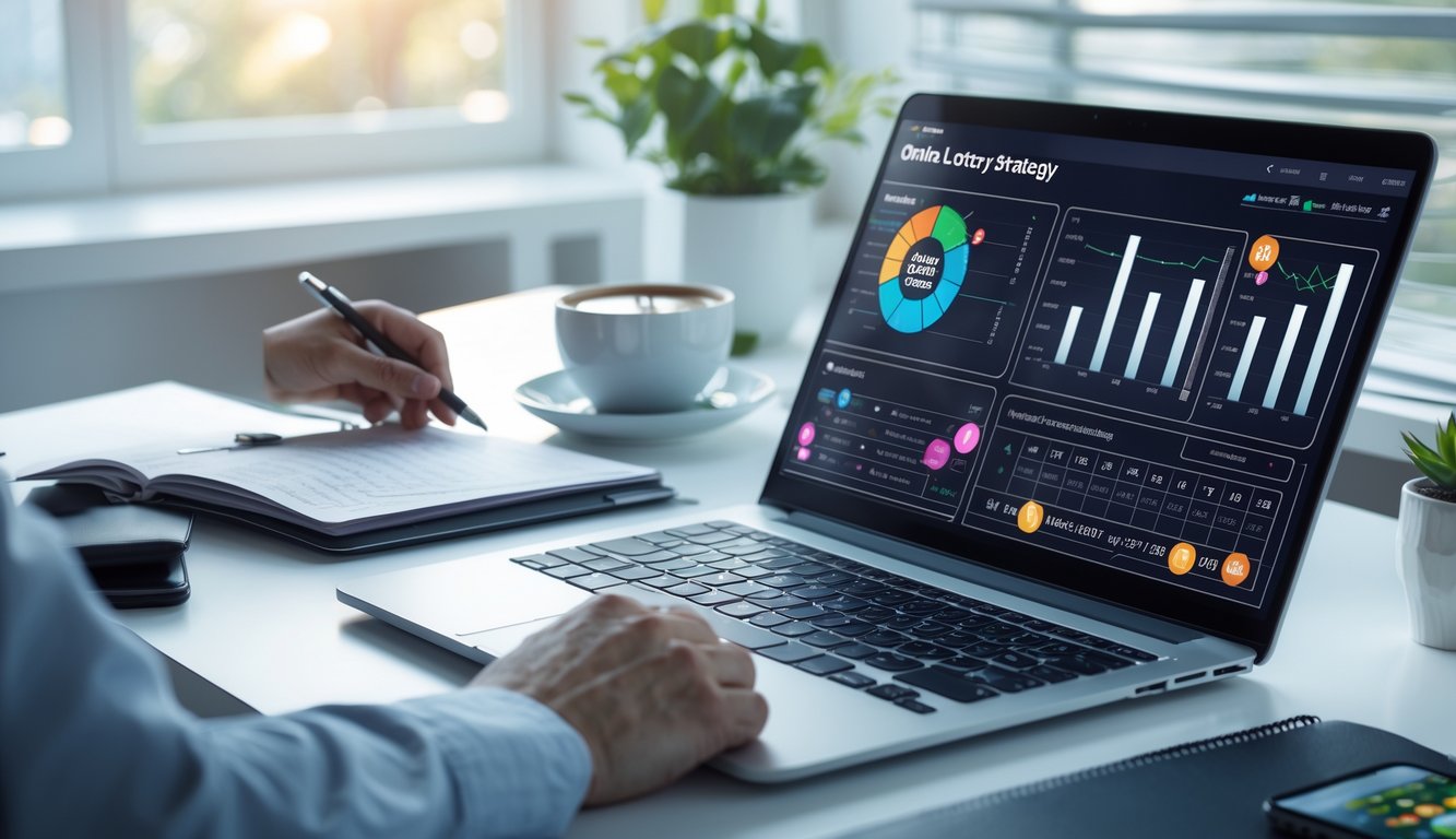 Seseorang sedang bekerja di meja dengan laptop, catatan, dan ponsel yang menampilkan data terkait strategi togel online.