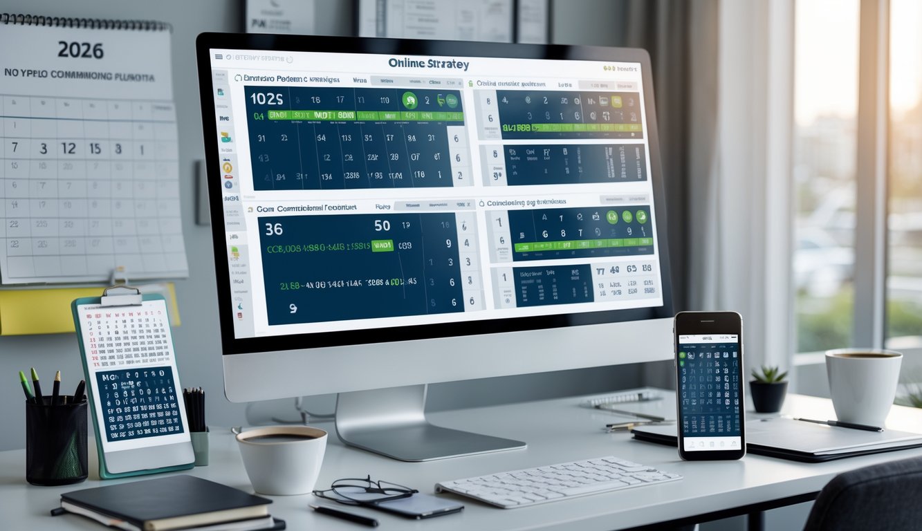 Meja kerja dengan komputer menampilkan grafik strategi angka togel, buku catatan, dan ponsel dengan angka togel, suasana fokus dan terorganisir.