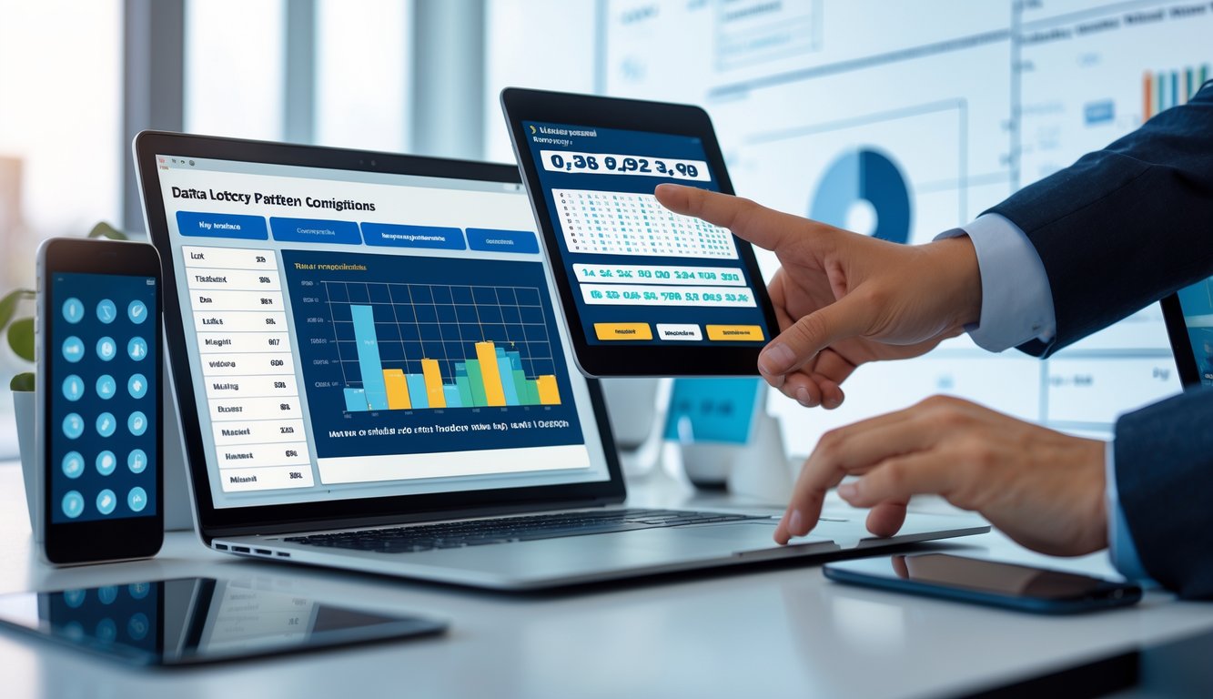 Seseorang bekerja dengan perangkat digital di meja, menganalisis data dan pola angka untuk hasil maksimal.