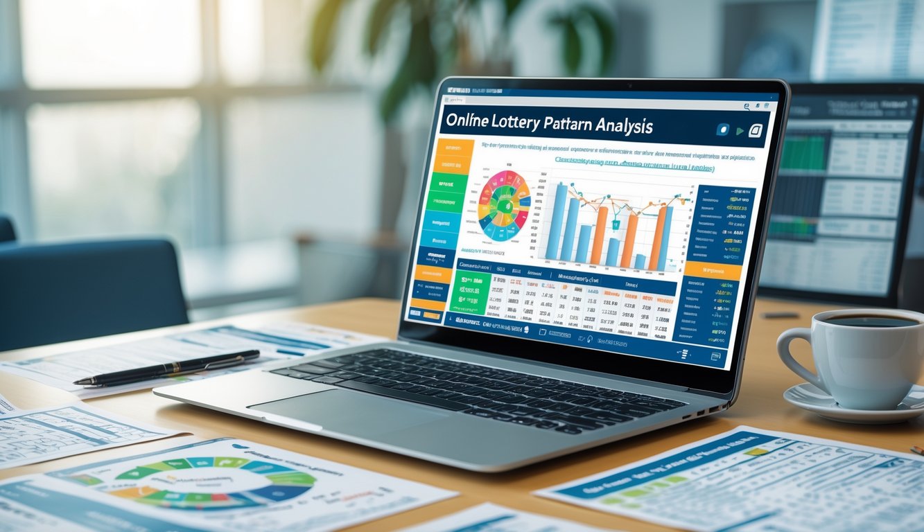Seorang profesional sedang menganalisis pola togel kombinasi posisi secara online di meja kerja dengan laptop, kertas data, dan secangkir kopi.