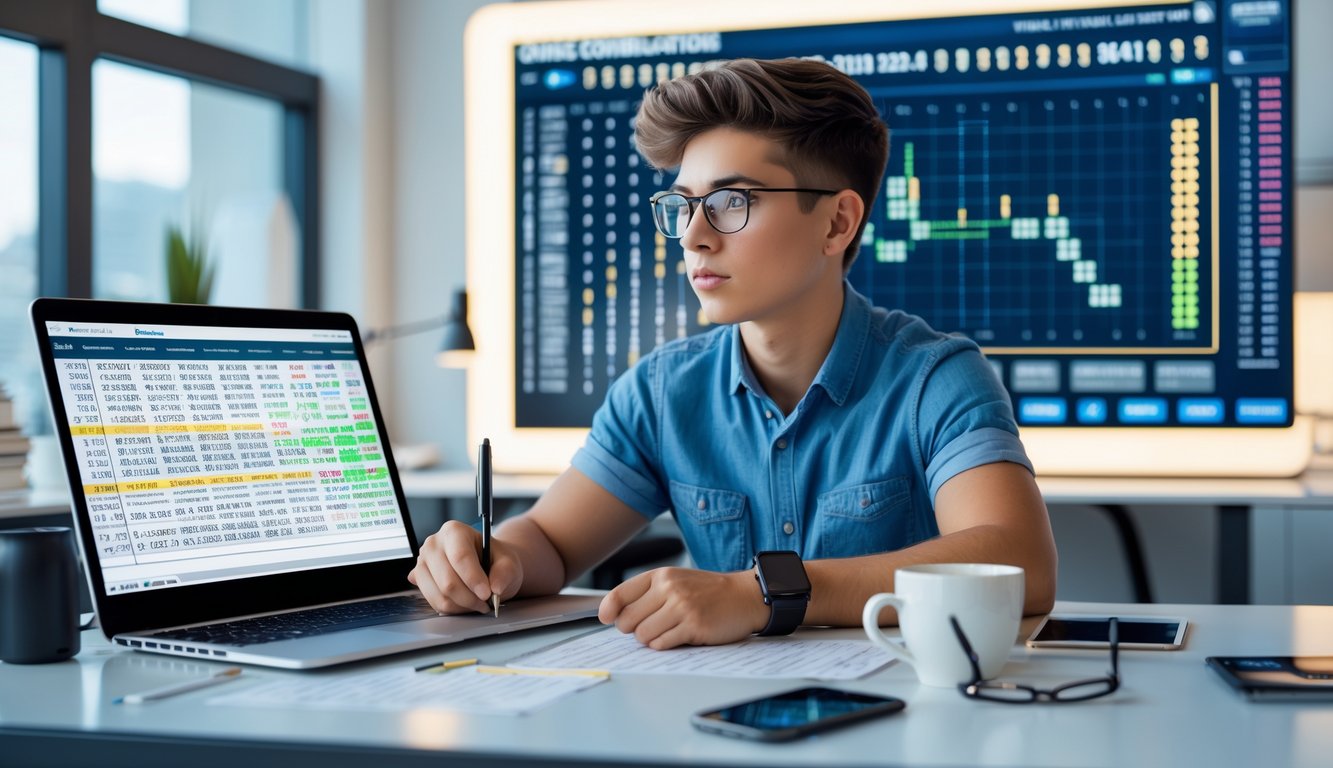 Seorang dewasa muda duduk di meja kerja dengan laptop dan tablet, menganalisis data angka dan pola kombinasi togel secara serius.