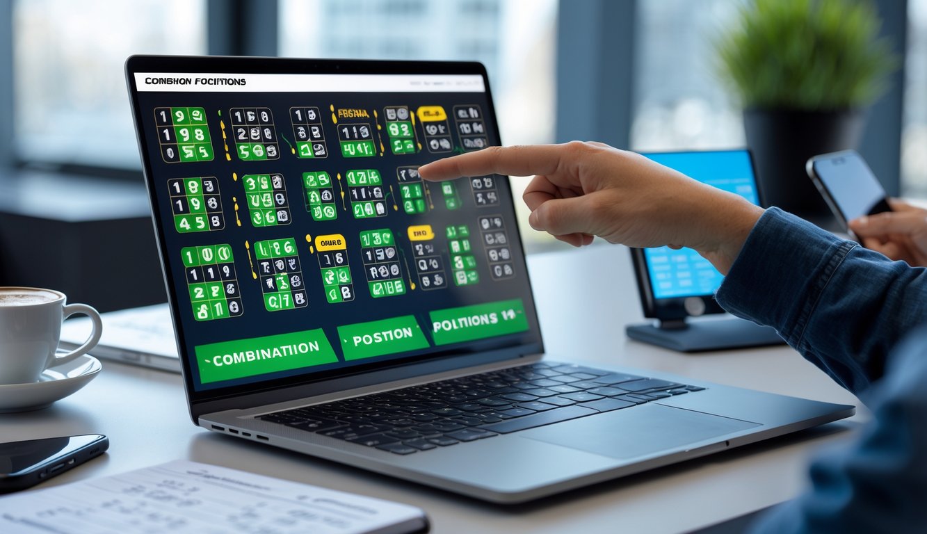 Seorang profesional sedang menganalisis kombinasi angka togel secara online di depan laptop di ruang kerja modern.