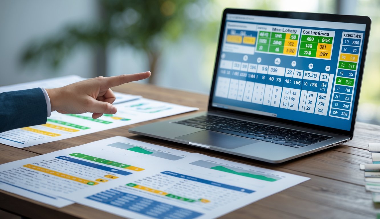 Meja kerja dengan laptop yang menampilkan grafik statistik dan beberapa lembar data angka, seseorang menunjuk layar laptop.