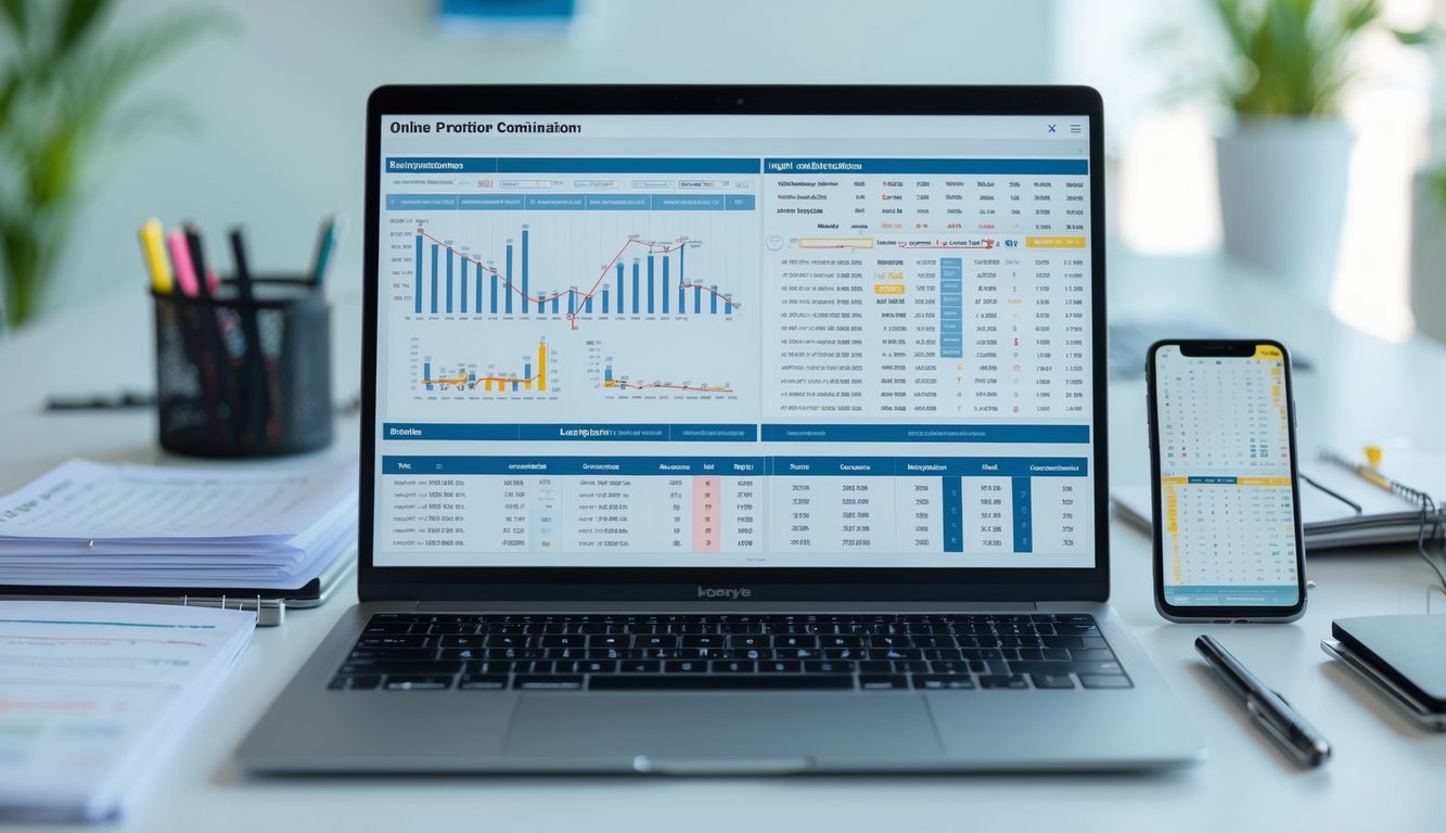 Meja kerja modern dengan laptop yang menampilkan grafik statistik togel, dikelilingi oleh catatan dan ponsel di lingkungan kantor yang terang.