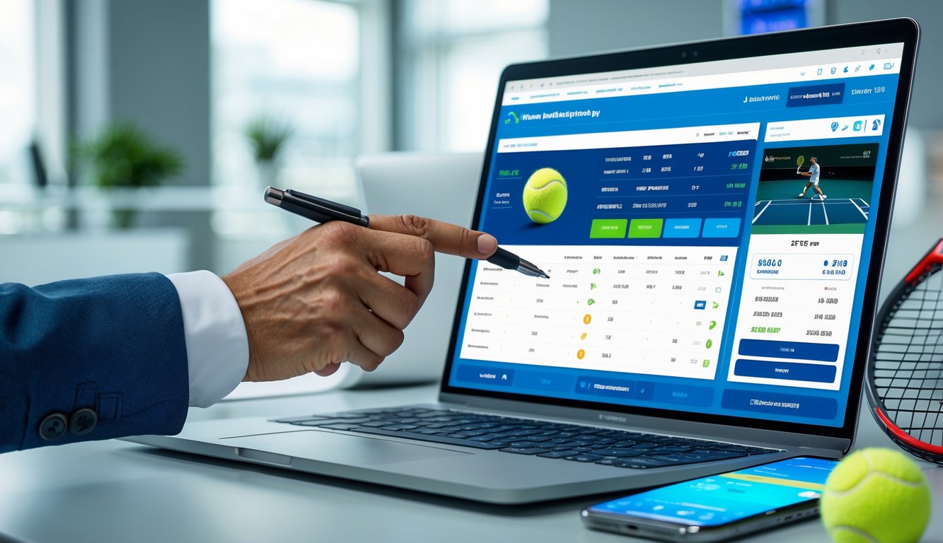 Seseorang sedang menganalisis data taruhan tenis online di depan laptop dan ponsel di ruang kerja yang rapi.