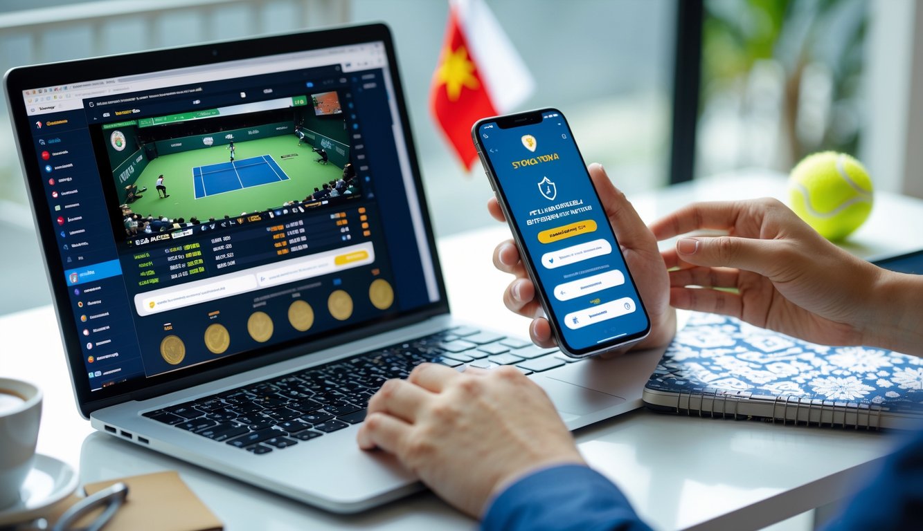 Meja kerja dengan laptop menampilkan pertandingan tenis dan ponsel yang menunjukkan situs taruhan online terpercaya, dengan tangan seseorang berinteraksi dengan perangkat.