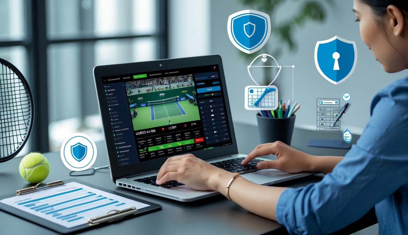 Seseorang menggunakan laptop di meja kerja dengan tampilan pertandingan tenis dan simbol keamanan di sekitar, menunjukkan aktivitas taruhan tenis online yang terpercaya.