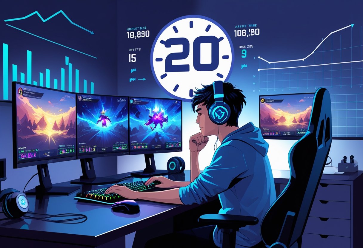 A gamer sitting at a desk with multiple monitors showing League of Legends gameplay and statistics, looking at a large digital timer representing playtime.