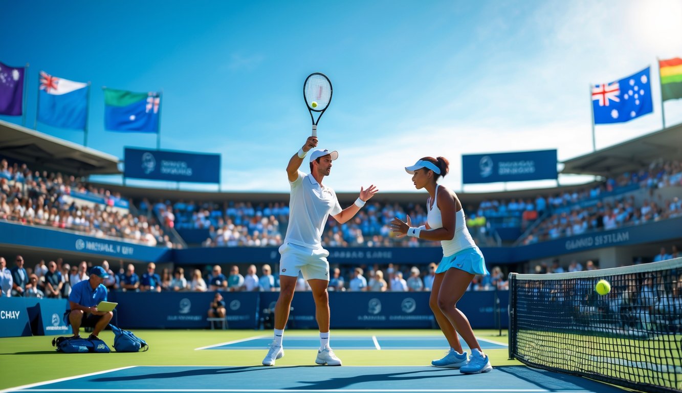 Dua pemain tenis sedang bertanding di lapangan dengan penonton di stadion, seorang pelatih melihat statistik pertandingan di tablet di sisi lapangan.