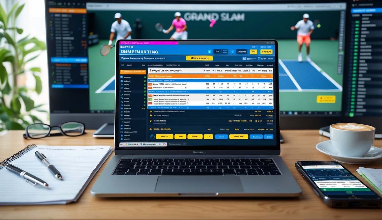 Seorang pria sedang menganalisis data taruhan tenis online di depan laptop dengan layar menampilkan statistik pertandingan Grand Slam, di latar belakang terlihat pertandingan tenis sedang berlangsung.