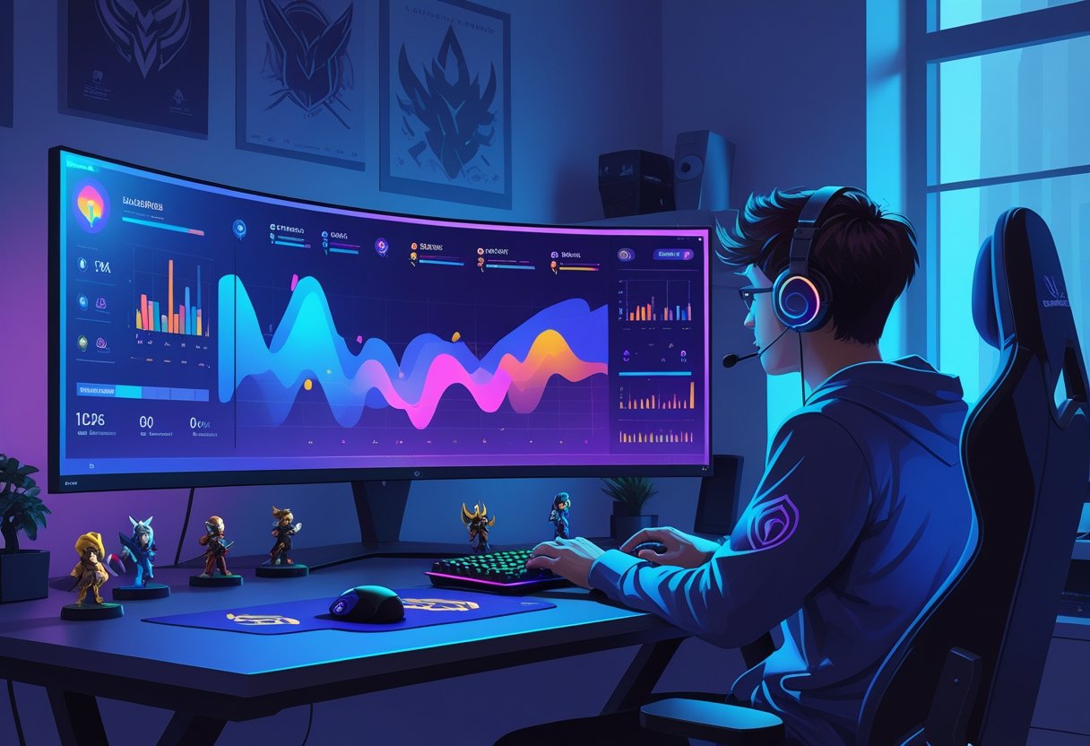 A gamer at a desk with a large monitor showing colorful charts and graphs tracking League of Legends playtime statistics, surrounded by game-themed items in a well-lit room.