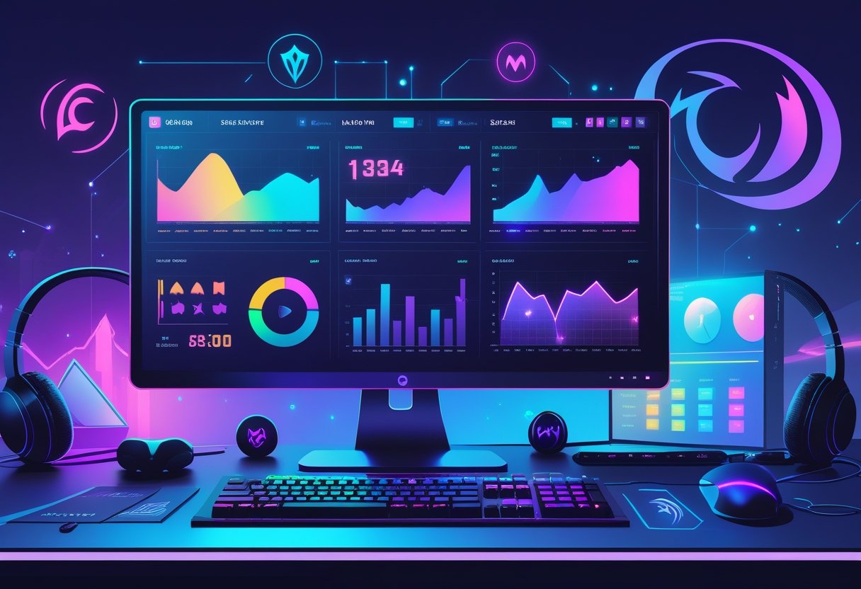 A gamer’s desk with a computer monitor showing colorful charts and graphs tracking video game playtime, surrounded by gaming accessories and subtle game-themed icons.