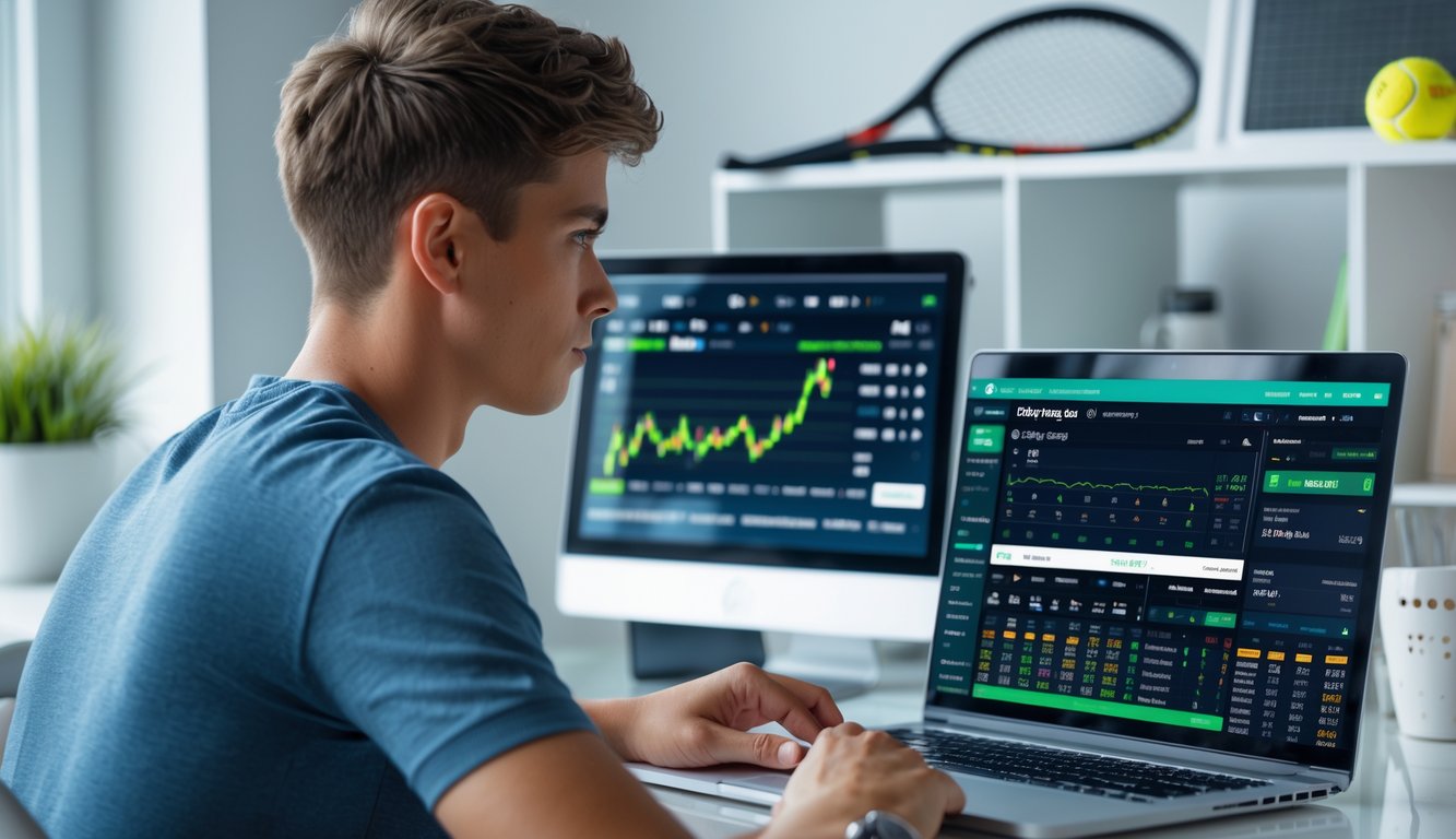 Seorang dewasa muda duduk di meja dengan laptop yang menampilkan pertandingan tenis dan data taruhan, di ruang kerja yang rapi dengan perlengkapan tenis di latar belakang.