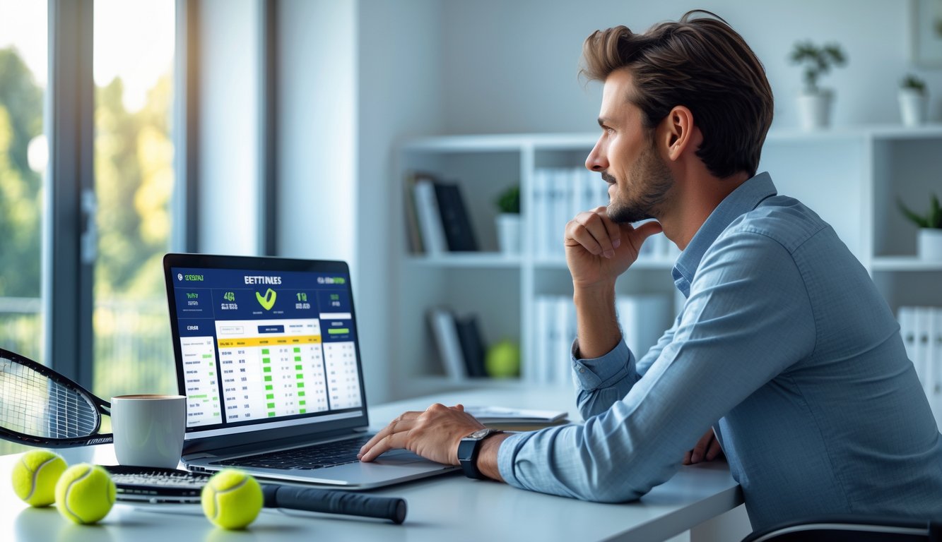 Seseorang duduk di meja dengan laptop yang menampilkan pertandingan tenis dan statistik taruhan, di meja terdapat raket tenis dan bola tenis, di ruangan terang dengan jendela besar.