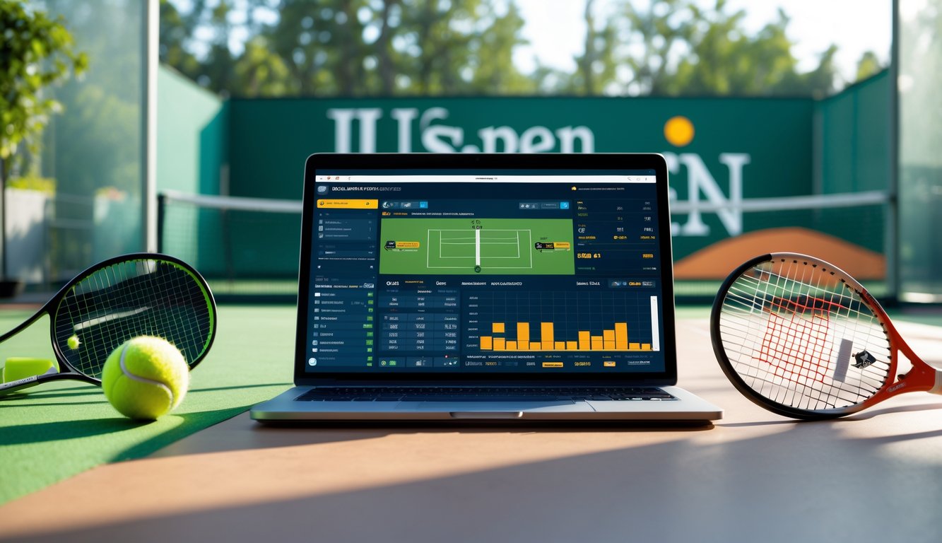 Meja kerja dengan laptop yang menampilkan statistik pertandingan tenis dan perlengkapan tenis yang mewakili Wimbledon, Roland Garros, dan US Open.