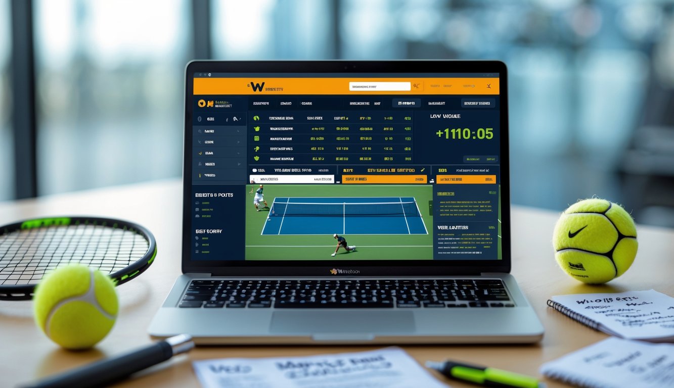 Seorang pria sedang menggunakan laptop dengan situs taruhan tenis online terbuka, dikelilingi bola tenis dan raket di meja kerja.