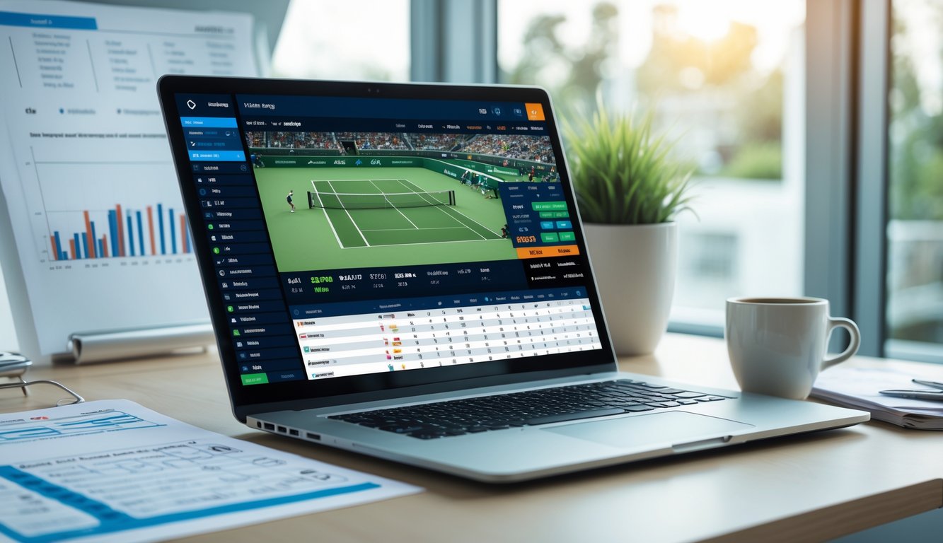 Seorang pria sedang bekerja dengan laptop yang menampilkan pertandingan tenis langsung dan data taruhan, di meja dengan catatan dan kopi di ruang kantor yang terang.