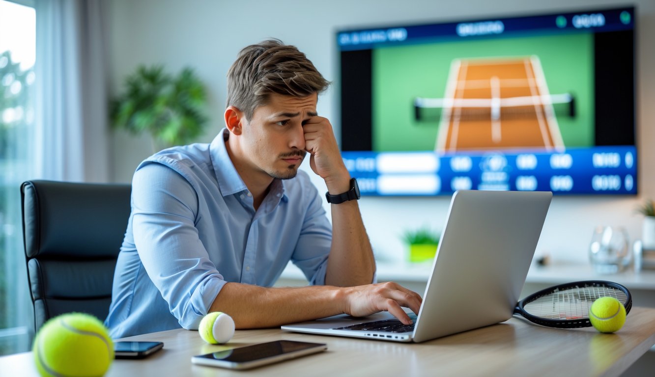 Seorang pria muda duduk di meja dengan laptop, tampak frustrasi dan berpikir, di dekat bola tenis dan raket tenis.