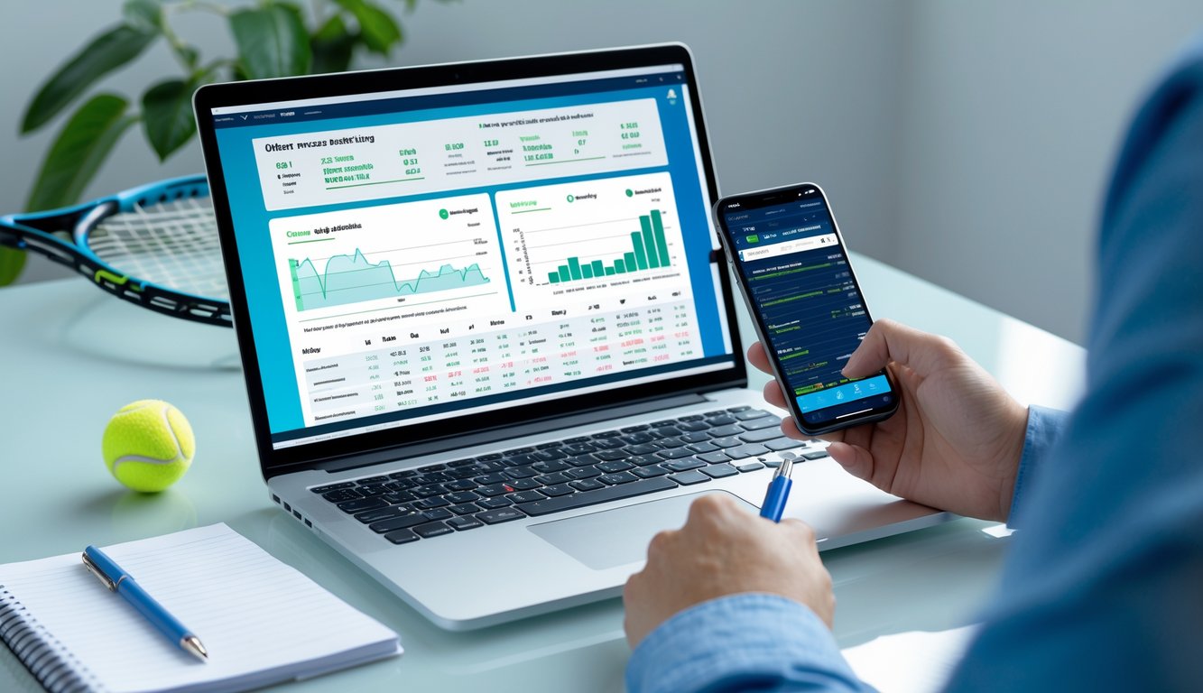 Sebuah meja kerja dengan laptop menampilkan statistik pemain tenis, tangan seseorang memegang ponsel dan mencatat, dengan raket dan bola tenis di latar belakang.